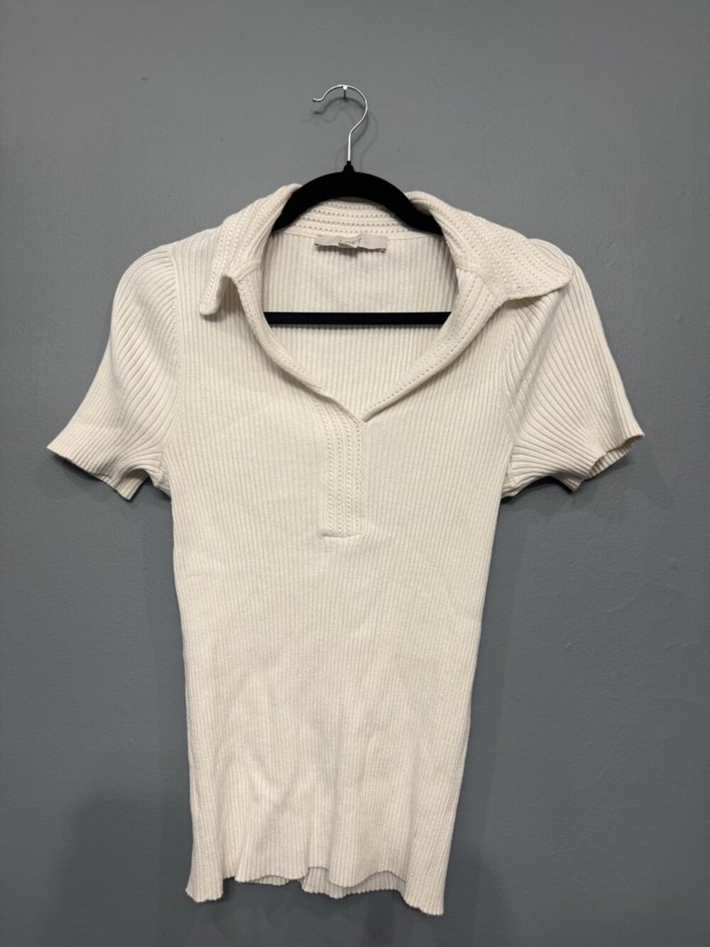 LOFT Ivory Cream Ribbed Knit Short Sleeve Polo Collar Sweater Top Size L
